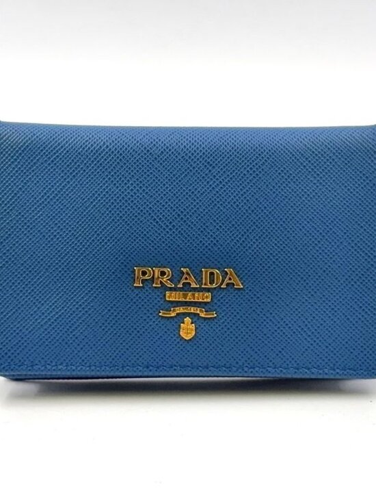 Prada Saffiano Metal Logo Leather Blue Card Case Gold
